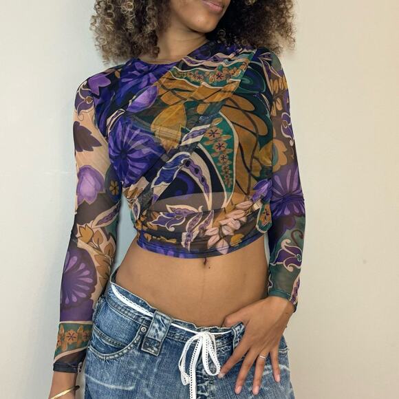 Vintage Italian multi floral mesh long sleeves (S) cropped - Picture 1 of 7
